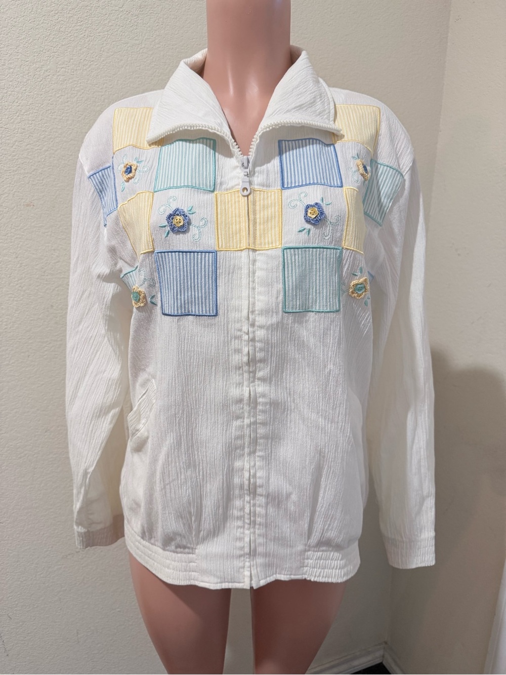 Alfred Dunner White Embroidered Patchwork Zip Jacket